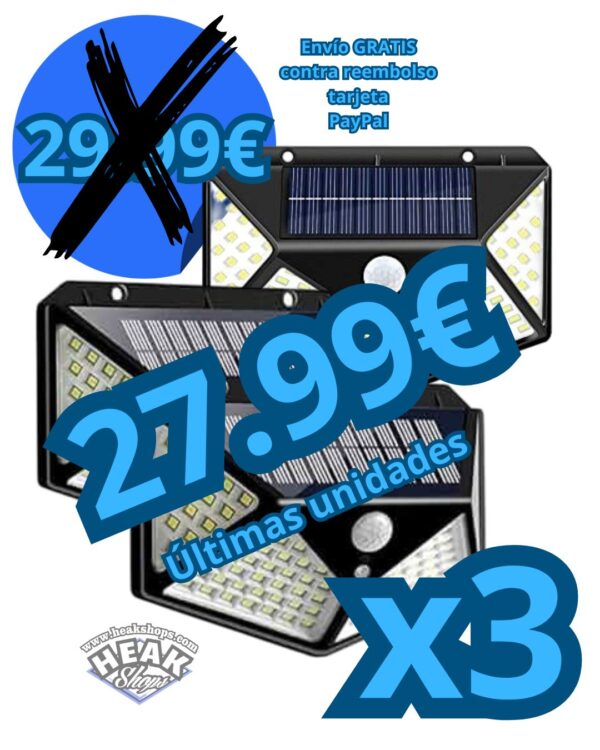 ▪️PACK X 3 UDS FOCO SOLAR DE 100 LEDS